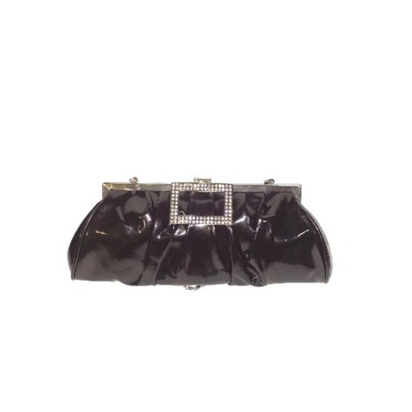 New Black Glossy Convertible Evening Bag Clutch with Rhinestone Closure - Picture 1 of 11